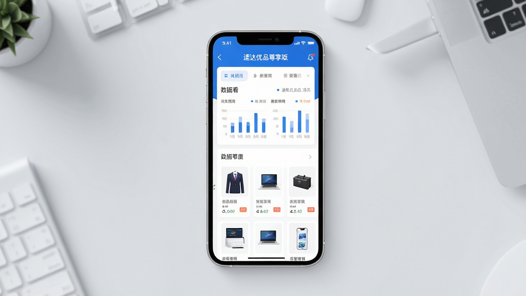 主体:速达优品尊享版APP界面展示,手机屏幕内呈现清晰的数据看板与商品列表,背景为浅灰色办公桌面。布局:手机居中,屏幕内容突出,周围留白干净。排版:界面元素整齐,图表与文字结合。风格:现代商务风,色调以蓝白为主,明亮简洁。细节:屏幕中显示“速达优品尊享版”字样,数据图表清晰,商品图片精致。画质:4K高清,干净,无多余元素。