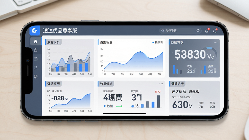 主体:速达优品尊享版数据看板界面,手机屏幕显示图表与数据指标。布局:手机横屏,屏幕内图表丰富,背景为浅色桌面。排版:图表排列有序,数字醒目。风格:专业商务风,蓝灰配色。细节:屏幕中“速达优品尊享版”名称,数据曲线平滑。画质:超清,干净,无多余元素。