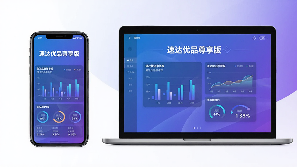 主体:速达优品尊享版使用场景,手机与电脑并排,屏幕显示同步数据。布局:左右对称,手机与电脑屏幕内容呼应。排版:对比式布局,突出多端协同。风格:现代科技风,蓝紫渐变背景。细节:屏幕中“速达优品尊享版”字样,数据图表同步。画质:高清,干净,无多余元素。