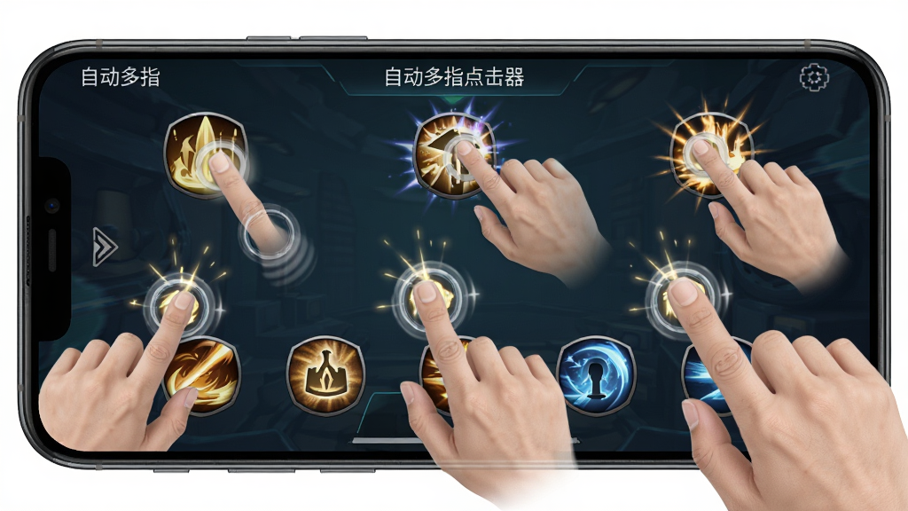 游戏手机横屏界面展示,屏幕上同时出现多个“自动多指点击器”的虚拟手指图标,分别点击不同的技能按钮,布局为多点触控示意,排版清晰,风格写实,细节呈现手指点击的轨迹线条和技能特效,画质高清,干净,无多余元素