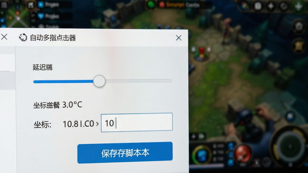 特写“自动多指点击器”软件的设置界面,屏幕上显示延迟调节滑杆和坐标数值输入框,背景虚化游戏画面,布局聚焦,排版规整,风格简洁,细节突出毫秒数字和保存脚本按钮,画质清晰,干净,无多余元素