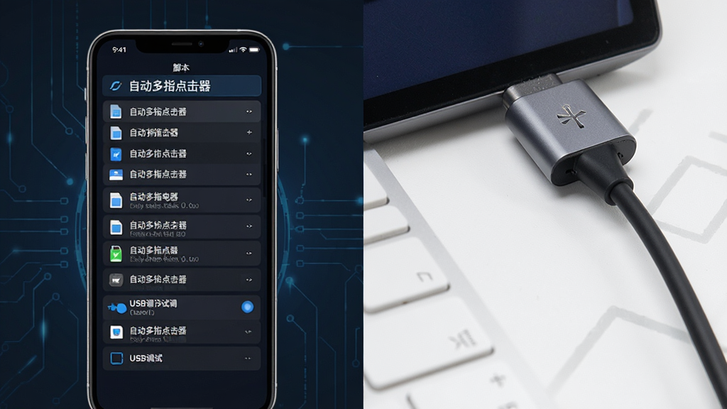 手机连接电脑的示意图,屏幕上同时显示“自动多指点击器”的脚本列表和电脑上的数据线,布局为双屏对比,排版整洁,风格科技感,细节包含脚本文件和USB调试选项,画质清晰,干净,无多余元素