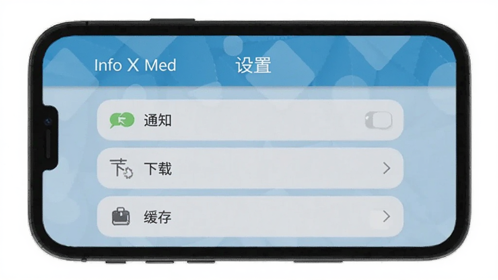 Info X Med软件在手机上的操作界面,屏幕显示“设置”菜单,包括通知、下载、缓存选项,背景为浅蓝色,界面简洁,画质清晰,无多余元素