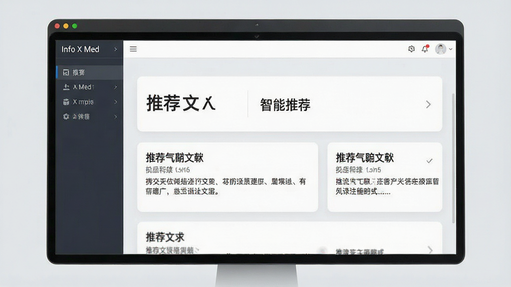 Info X Med软件界面,屏幕中央显示“智能推荐”模块,下方有推荐文献卡片,带有标题和摘要,背景为浅灰色,界面简洁,采用卡片式布局,风格现代,画质清晰,无多余元素