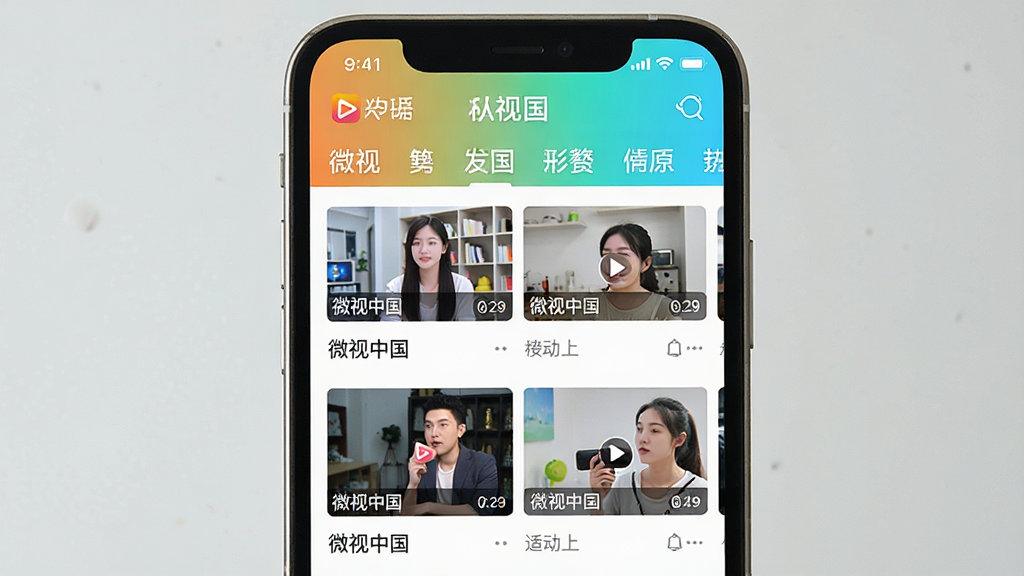 微视中国软件主界面展示,手机屏幕中央显示视频列表,上方有分类标签栏,整体风格清新简洁,色彩明快,界面布局合理,视频缩略图清晰,文字标注“微视中国”字样,画质干净,无多余元素