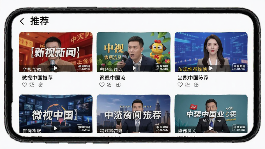 微视中国推荐页面展示,手机屏幕上展示个性化推荐视频流,包含不同类型的新闻封面,顶部有“推荐”字样,色彩丰富,布局整齐,画质清晰,无多余元素