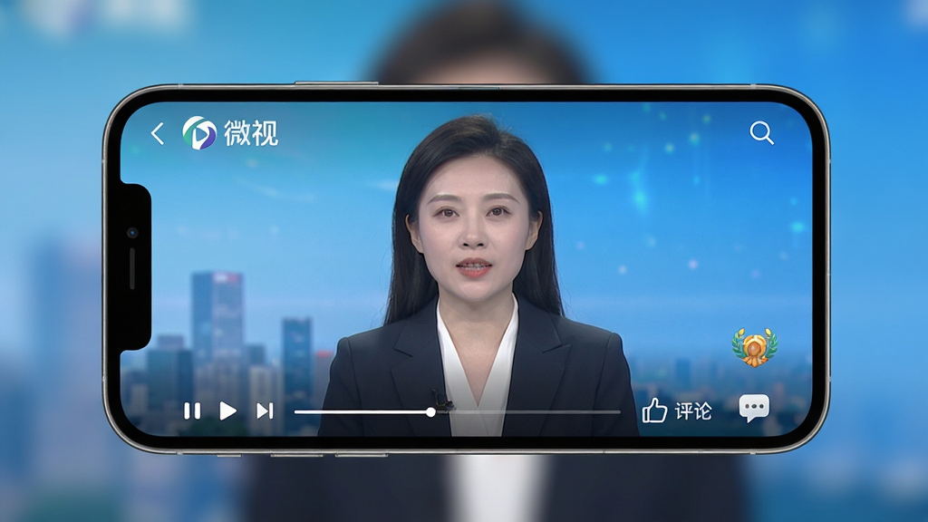 微视中国视频播放界面,手机横屏播放高清新闻视频,画面清晰明亮,底部有播放控制条,右侧有点赞评论按钮,背景虚化,主体突出,画质干净,无多余元素