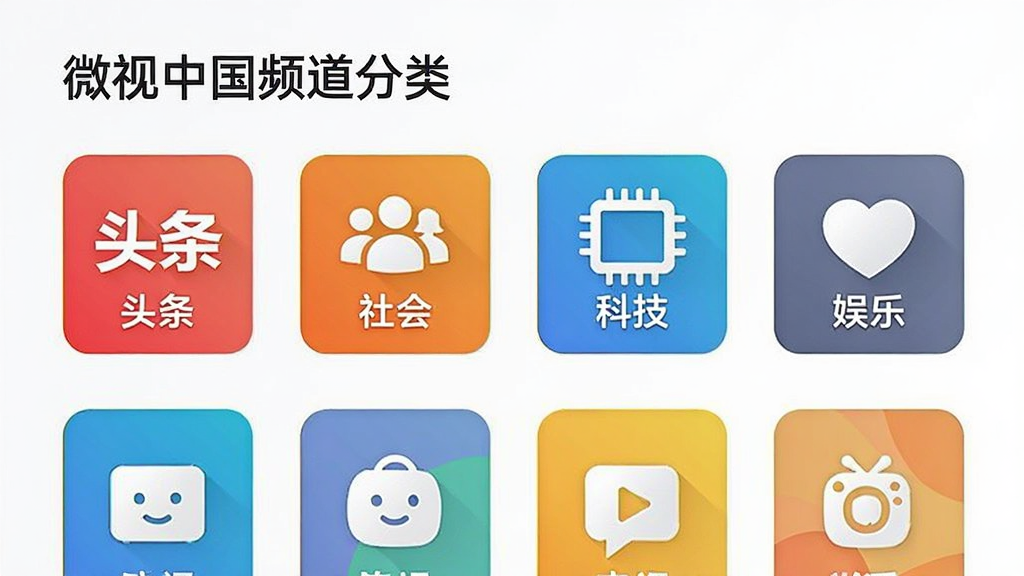 微视中国频道分类界面,展示多个新闻分类图标如“头条”、“社会”、“科技”、“娱乐”等,排列整齐,色彩鲜艳,背景简洁,画质干净,无多余元素