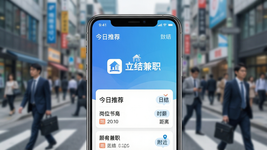 ���Ӿ�չʾ�������ְ��App���ֻ��ϵ����н��棬����Ϊģ���ĳ��нֵ���æµ���ϰ��壬ǰ���ֻ���Ļ������ʾ�������Ƽ�����ְ�б���������λ���ơ�ʱн�������ǩ��������ñ�ƽ����Ʒ����ɫ��Ϊ���µ����׽��䣬��������ͻ��Ʒ��Logo�롰�����ְ��������ϸ����չʾ���սᡱ��������Сͼ�꣬���ʸ���ɾ����޶���Ԫ��