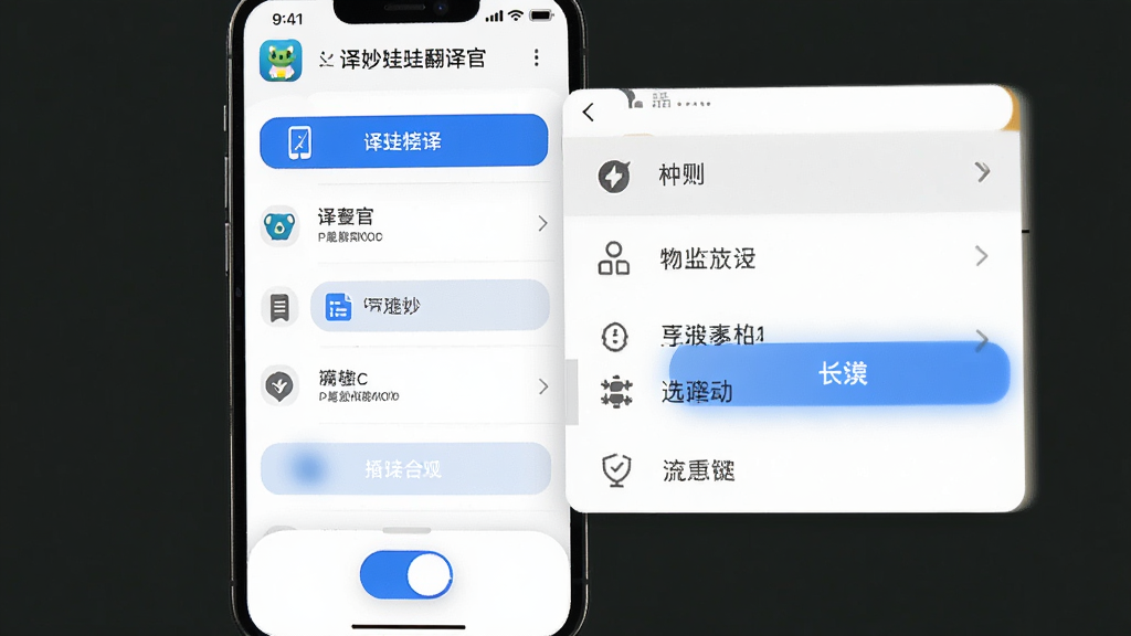 主体:手机屏幕显示译妙蛙翻译官的主界面,设置菜单展开。布局:界面顶部为应用名称,中部为功能列表,底部为悬浮窗开关。排版:清晰直观,蓝色高亮按钮。风格:简约商务风。细节:列表项带图标,背景白色。画质:高清,干净。