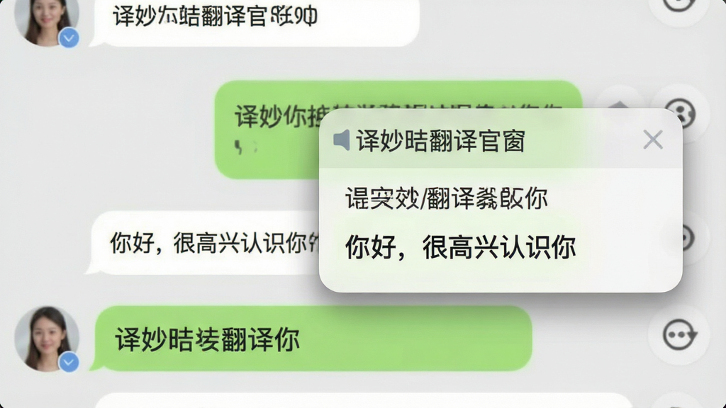主体:译妙蛙翻译官悬浮窗在社交聊天界面上的翻译演示。布局:背景为聊天对话界面,悬浮窗显示翻译结果“你好,很高兴认识你”。排版:悬浮窗位于屏幕中央偏右,呈圆角矩形,内含原文和译文两行。风格:界面清爽,聊天气泡与悬浮窗对比明显。细节:悬浮窗半透明带阴影,文字清晰,聊天背景为浅灰色。画质:高清,干净,无多余元素。