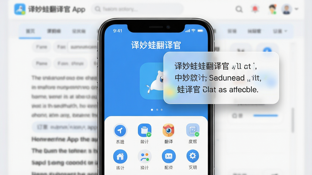 主体:译妙蛙翻译官App界面展示,手机屏幕内显示悬浮翻译窗,窗内呈现中英互译结果,背景为模糊的英文网页。布局:手机居中,悬浮窗位于屏幕右上方,界面简洁。排版:App名称“译妙蛙翻译官”置于屏幕上方,下方功能图标排列整齐。风格:扁平化现代风格,色彩清新,以蓝白为主色调。细节:悬浮窗半透明带圆角,翻译文字清晰,手机边缘有柔和阴影。画质:高清渲染,干净,无多余元素。