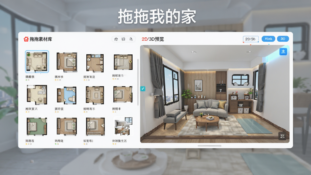 画面中央展示“拖拖我的家”软件主界面,左侧为户型素材库,右侧为2D/3D实时预览窗口,整体风格明亮简洁,现代科技感,界面布局清晰,标注文字“拖拖我的家”,画质干净,无多余元素。