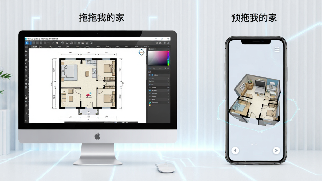 展示“拖拖我的家”软件在电脑和手机上运行对比图,左侧电脑屏幕显示户型图编辑器,右侧手机显示3D预览画面,背景简洁,风格科技感,画质干净,无多余元素。