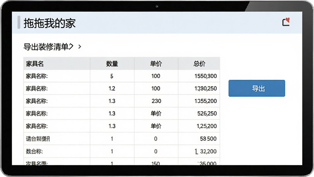 展示“拖拖我的家”导出装修清单的界面,屏幕上显示一份表格清单,包含家具名称、数量、单价、总价,旁边有导出按钮,界面简洁商务,画质清晰,无多余元素。