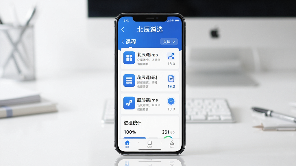 主体:北辰遴选App主界面,展示在智能手机屏幕上,屏幕内显示课程列表、题库入口和进度统计。布局:手机居中,背景为简约办公桌面,四周留白。排版:界面清晰,图标整齐,上方有“北辰遴选”品牌字样。风格:商务科技感,色彩以蓝白为主,明亮干净。细节:屏幕反光自然,界面文字可辨。画质:4K高清,干净,无多余元素。