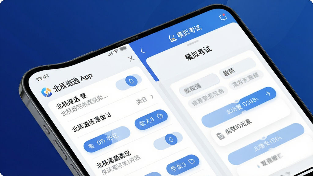 主体:手机屏幕展示北辰遴选App的题库刷题界面,左侧是题目列表,右侧是答题卡。布局:手机斜放,背景为深蓝色渐变,突出界面。排版:题目文字清晰,选项按钮圆润。风格:现代扁平化,蓝白配色。细节:屏幕上有“北辰遴选”标识和“模拟考试”字样。画质:高清,干净,无多余元素。