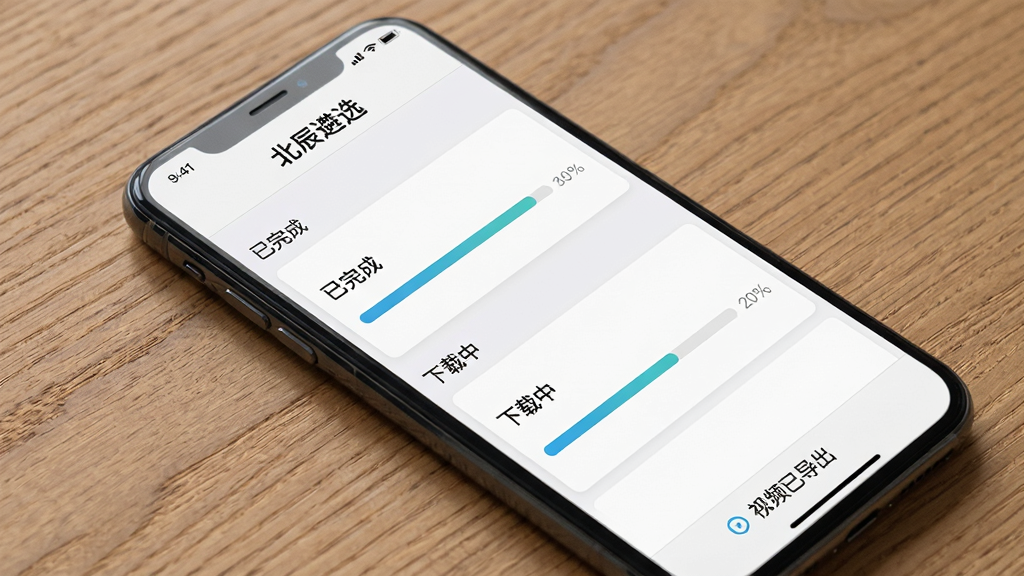 主体:手机界面展示北辰遴选App下载管理页面,有“已完成”和“下载中”列表。布局:手机平放,背景是木纹桌面。排版:列表清晰,进度条明显。风格:简洁实用风格。细节:顶部有“北辰遴选”标题,底部有“视频已导出”提示。画质:高清,干净,无多余元素。
