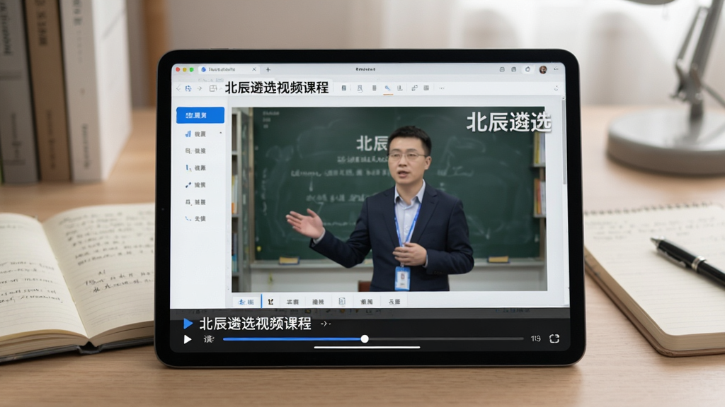 主体:平板电脑横屏播放北辰遴选视频课程,画面中是老师讲解PPT。布局:平板居中,背景为书桌和笔记,营造学习氛围。排版:视频窗口比例适中,下方有课程标题和进度条。风格:教育学习风格,色调柔和。细节:视频画面有“北辰遴选”水印。画质:高清,干净,无多余元素。