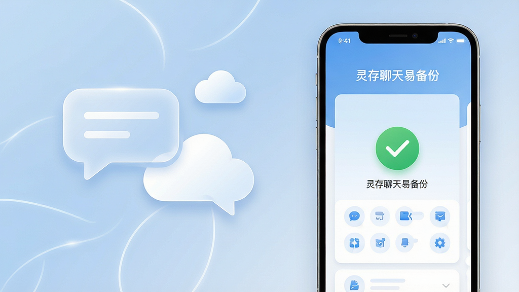 主体:一部正在运行灵存聊天易备份软件的智能手机,屏幕清晰显示备份完成的绿色对勾界面。布局:手机居中偏右,左侧留白区域以柔光线条勾勒出对话气泡与云朵图形。排版:界面UI采用卡片式布局,主色调为静谧蓝与纯净白,功能图标整齐排列。风格:现代扁平化设计,带有轻微拟物阴影,整体氛围专业且安心。细节:屏幕内文字突出显示