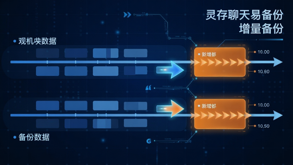 主体:两条平行的时间轴,一条代表手机内现有数据,另一条代表备份数据,中间有发光的箭头指向新增部分。布局:时间轴横向贯穿画面,箭头集中在右侧新增区块。排版:数据块用不同深浅的蓝色表示,新增部分用橙色高亮。风格:科技感信息图,背景为深蓝色科技网格。细节:图右上角标注