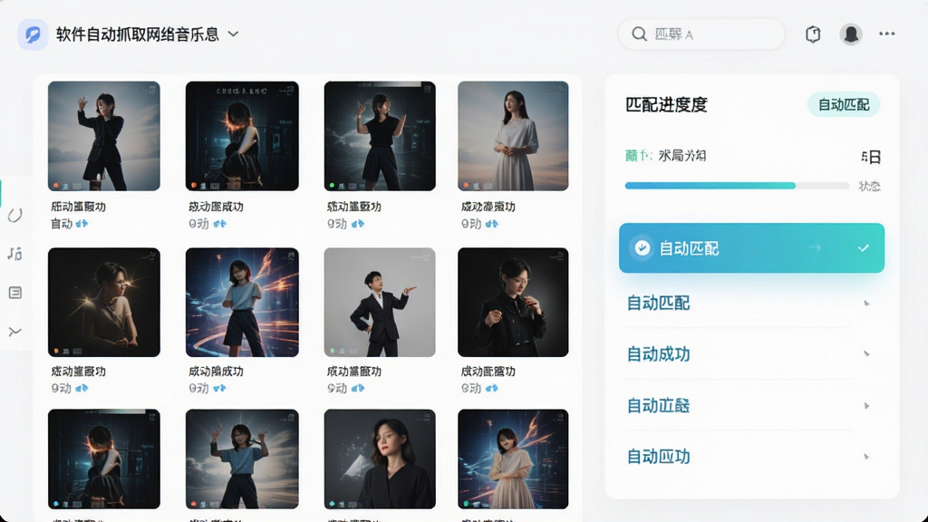 主体为软件自动抓取网络音乐信息的界面,布局展示专辑封面网格与匹配进度条,排版采用卡片式设计,风格清爽明亮,细节突出“自动匹配”状态标签与高亮显示的成功条目,画质细腻干净,无多余元素