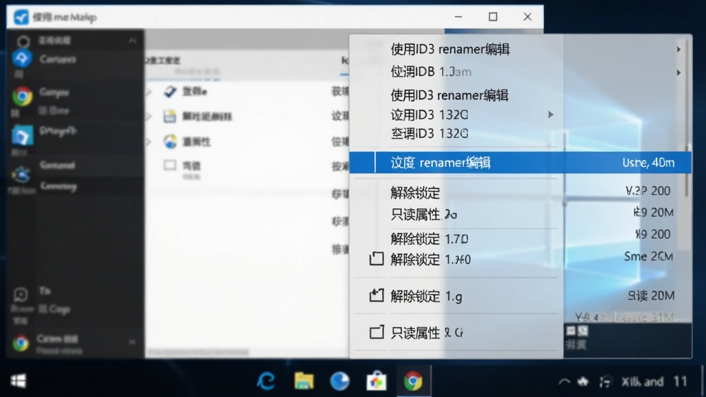 主体为软件在Windows 11系统上运行的截图,布局展示右键菜单中的“使用ID3 renamer编辑”选项,排版为直观的列表样式,风格写实,细节高亮显示“解除锁定”与“只读”属性选项,画质清晰干净,无多余元素