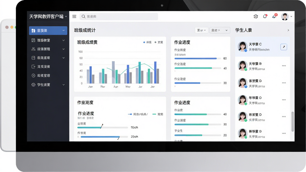图片中展示“天学网教师客户端”主界面的整体预览效果,主体为电脑屏幕上的软件操作界面,布局包含左侧导航栏、中央数据看板、右侧学生列表,排版简洁清晰,风格现代扁平化,细节上显示班级成绩统计图表与作业进度条,画质高清干净,无多余元素。