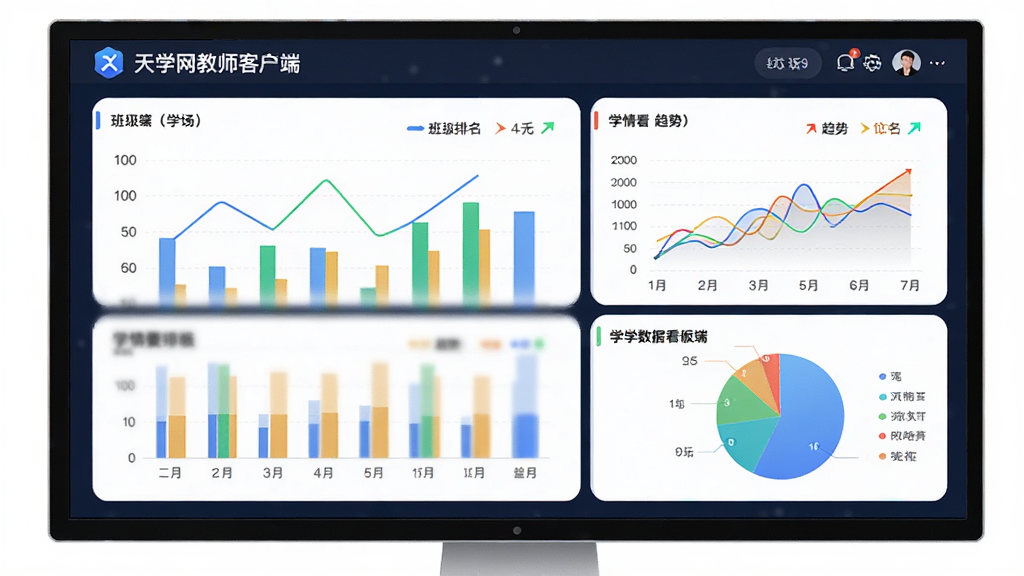 图片中展示“天学网教师客户端”的学情数据看板界面,主体为一个大屏幕显示器上的彩色数据图表,布局包含柱状图、折线图与饼图,排版专业有序,风格商务科技感,细节显示班级排名与趋势箭头,画质清晰锐利,无多余元素。