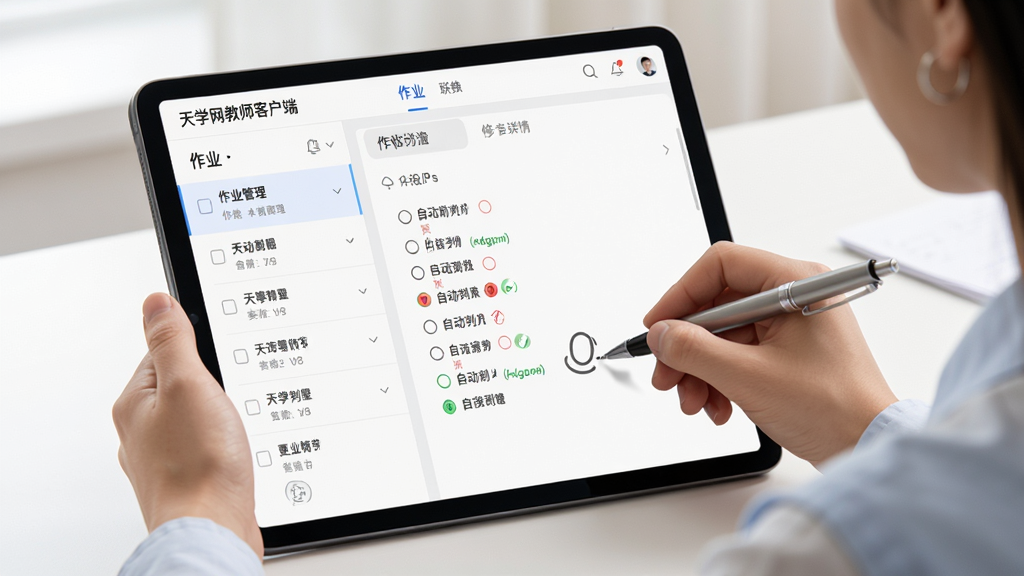 图片中展示“天学网教师客户端”的作业管理功能界面,主体为教师正在平板上批改作业的场景,布局包含左侧作业列表、右侧批改详情,排版清晰直观,风格简约明亮,细节显示选择题自动判红判绿标记,画质细腻干净,无多余元素。
