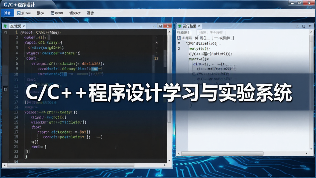 主视觉:C/C++程序设计学习与实验系统界面,左侧代码编辑区,右侧运行结果输出区,顶部菜单栏,整体风格简洁专业,蓝色科技感背景,屏幕中央显示“C/C++程序设计学习与实验系统”字样,画质清晰,细节丰富,无多余元素