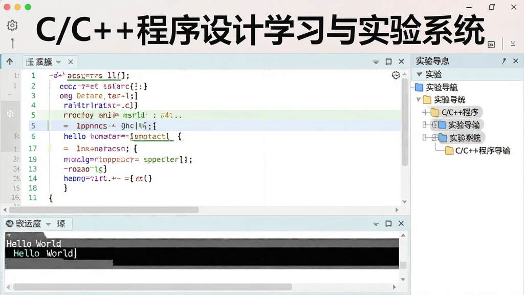 界面截图:代码编辑区高亮显示C语言代码,下方运行窗口输出“Hello World”,侧边栏显示实验导航树,整体布局清爽,色彩柔和,突出“C/C++程序设计学习与实验系统”名称,画质清晰,无多余元素