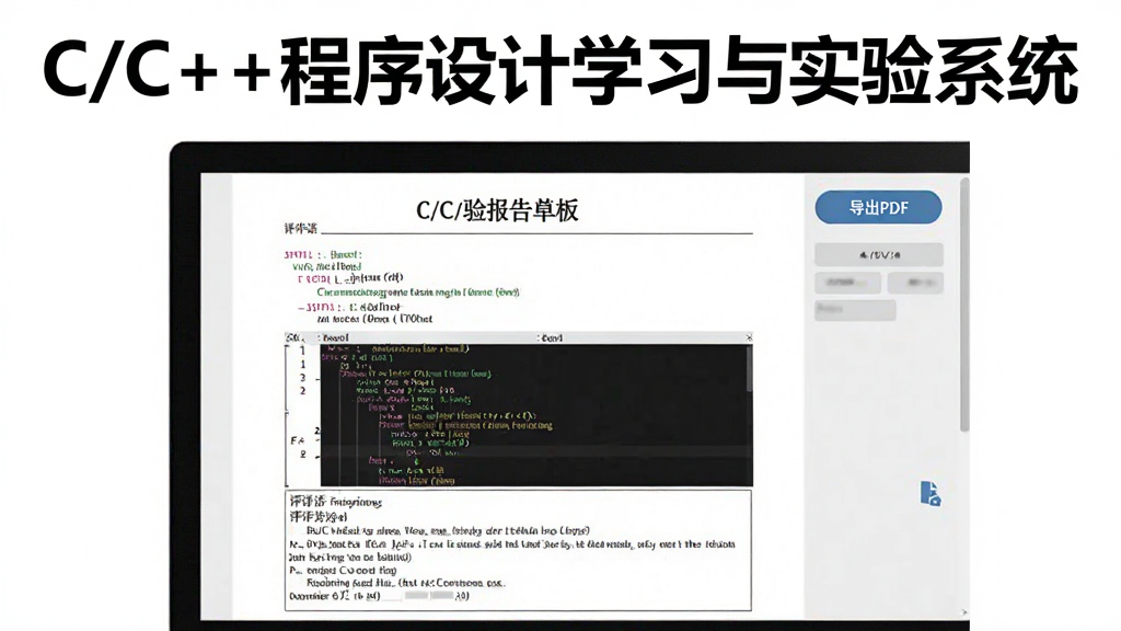 报告生成页面:电脑屏幕显示一份实验报告模板,包含标题、代码、截图、评语区域,右侧有“导出PDF”按钮,背景为纯白色,整体风格商务,突出“C/C++程序设计学习与实验系统”字样,画质清晰,无多余元素