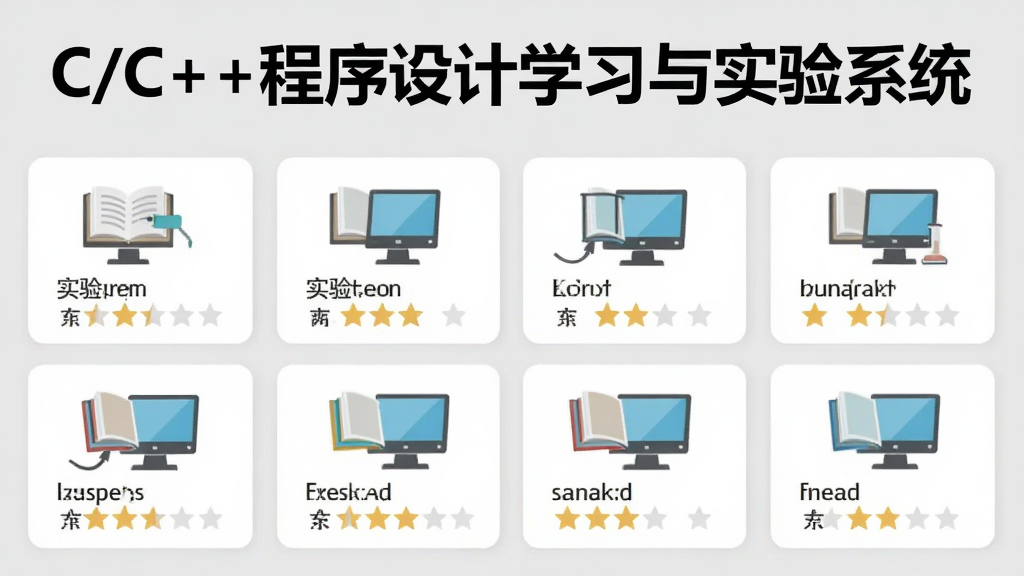 实验列表:屏幕上展示多个实验卡片,每个卡片显示实验名称和难度星级,背景为浅灰色,图标为书本和电脑,整体风格扁平化,突出“C/C++程序设计学习与实验系统”字样,画质清晰,无多余元素