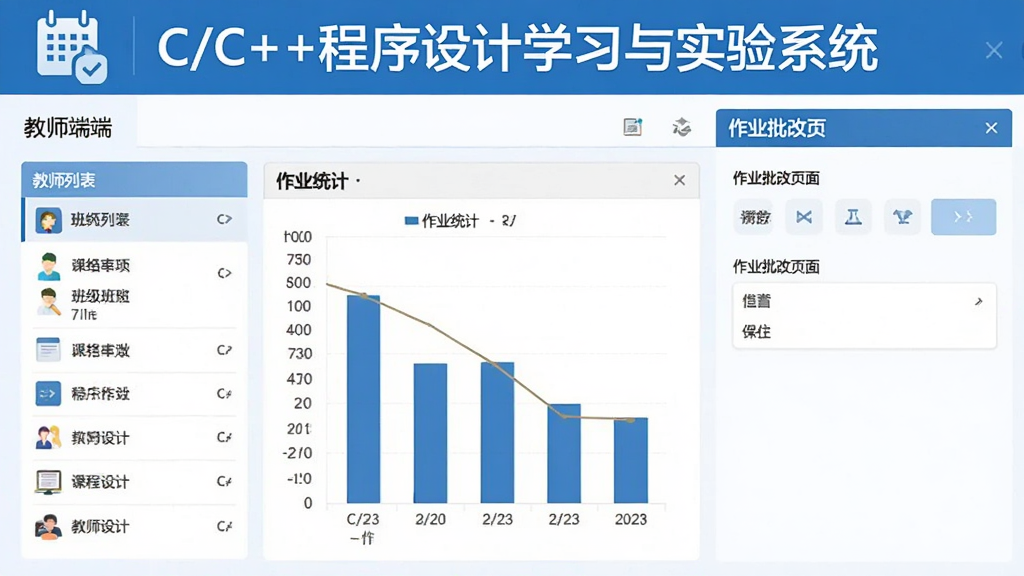 课程管理界面:教师端展示班级列表和作业统计柱状图,右侧为作业批改页面,整体色调为蓝白,图标简洁,突出“C/C++程序设计学习与实验系统”名称,画质干净,无多余元素
