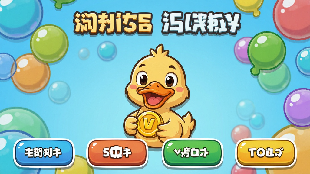 ����Ѽ������Ϸ���棬��Ļ�����ĸ�ѡ�ť��������һֻѼ�ӽ�ɫ���Ž�ң��Ϸ���ʾ������Ŀ������Ϊ��ɫ���ݣ����ͨ��Ȥ�������������޶���Ԫ��