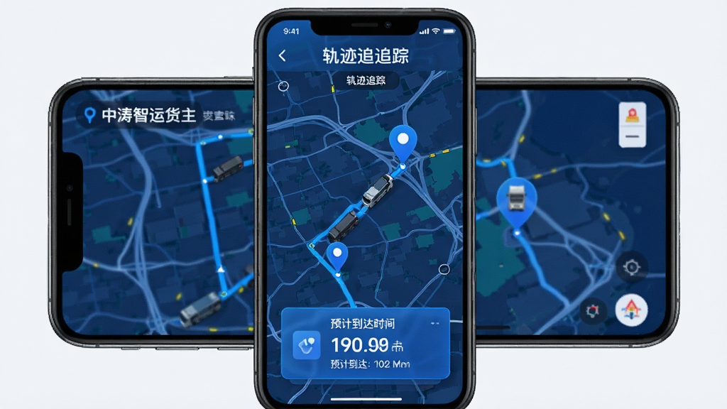 展示中涛智运货主全程轨迹追踪的界面,主体为手机屏幕,屏幕内显示地图上的车辆实时位置和行驶路线,布局为地图全屏展示,底部悬浮预计到达时间卡片,风格为科技蓝风格,细节清晰标注“中涛智运货主”和“轨迹追踪”字样,画质清晰干净,无多余元素