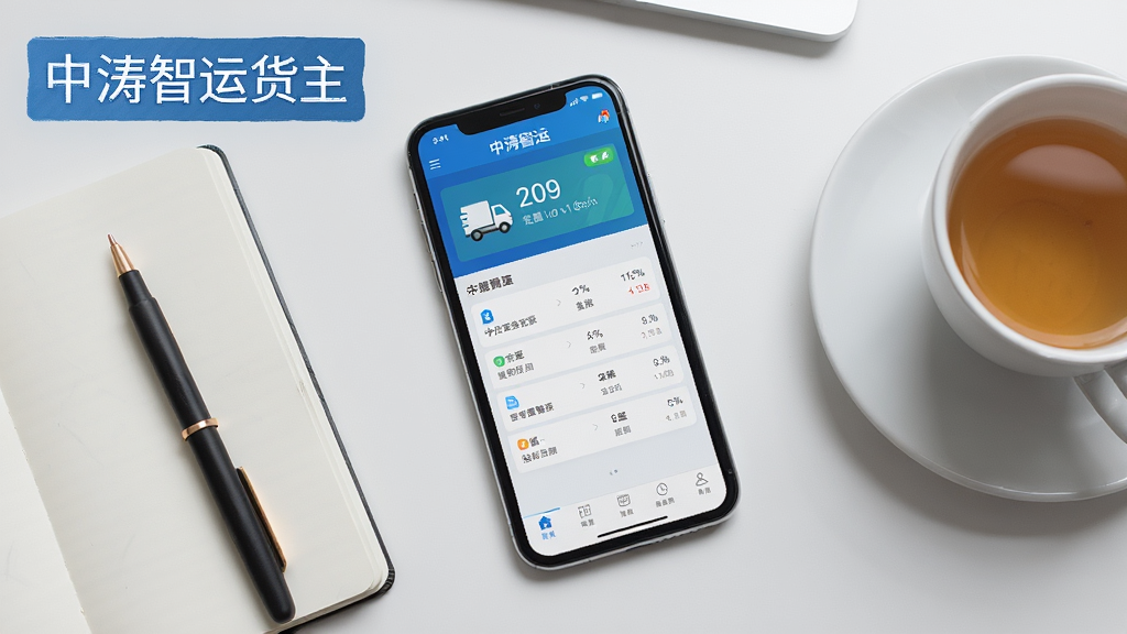 一张展示中涛智运货主使用场景的图片,主体为一部手机放在办公桌上,屏幕显示软件主界面,周围有笔记本和茶杯,布局为俯拍视角,风格为真实生活场景,细节清晰标注“中涛智运货主”字样,画质干净,无多余元素