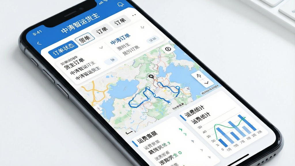 一张展示中涛智运货主软件核心界面的高清图片,主体是智能手机屏幕,屏幕内显示货运订单列表、地图追踪轨迹和运费统计图表,布局采用上下分区结构,上方为订单状态标签,中部为实时地图,下方为数据卡片,整体风格为简洁商务蓝白配色,细节包括清晰的文字标注“中涛智运货主”,画质清晰干净,无多余元素
