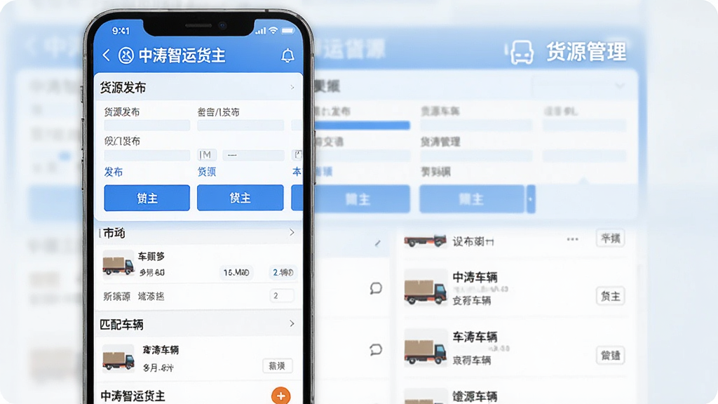 展示中涛智运货主智能货源管理功能的界面截图,主体为手机屏幕,屏幕内显示货源发布表单和匹配车辆列表,布局采用表单上方、列表下方的结构,风格为简洁的蓝白配色,细节清晰标注“中涛智运货主”和“货源管理”字样,画质干净,无多余元素