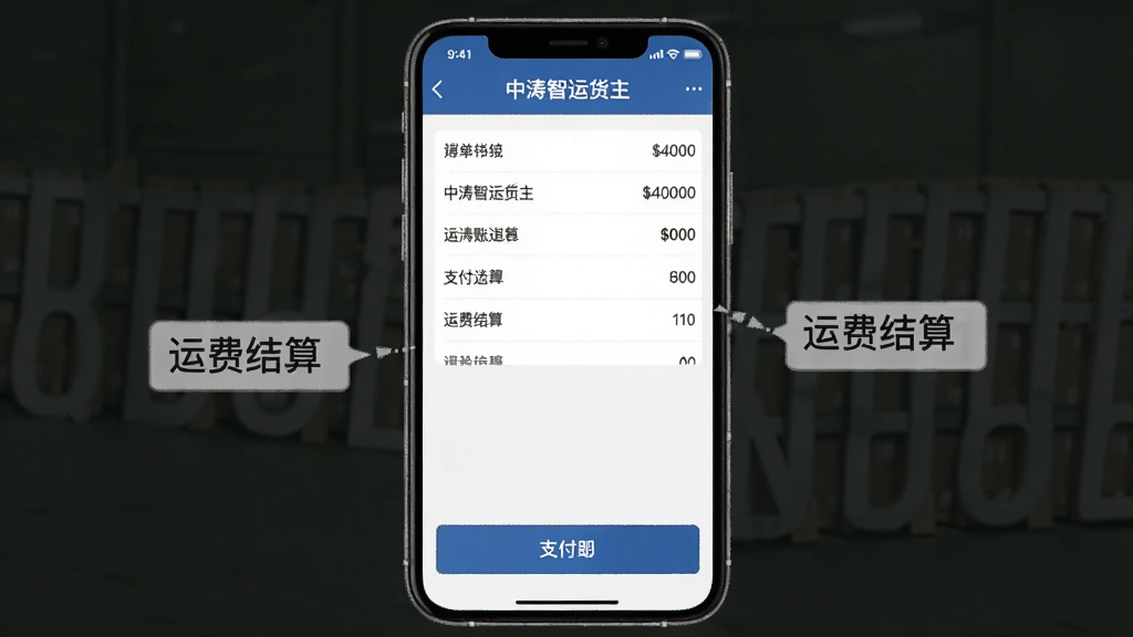 展示中涛智运货主在线运费结算的界面,主体为手机屏幕,屏幕内显示运费账单明细和支付方式选择,布局为账单列表上方、支付按钮下方,风格为简洁商务风,细节清晰标注“中涛智运货主”和“运费结算”字样,画质干净,无多余元素
