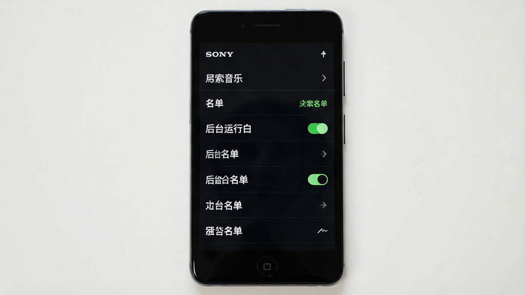 主体:索爱音乐设置界面展示“后台运行白名单”选项,布局:手机屏幕中央显示设置列表,风格:深色模式,排版:选项条目清晰,细节:白名单开关为绿色,画质:清晰高对比,干净简洁