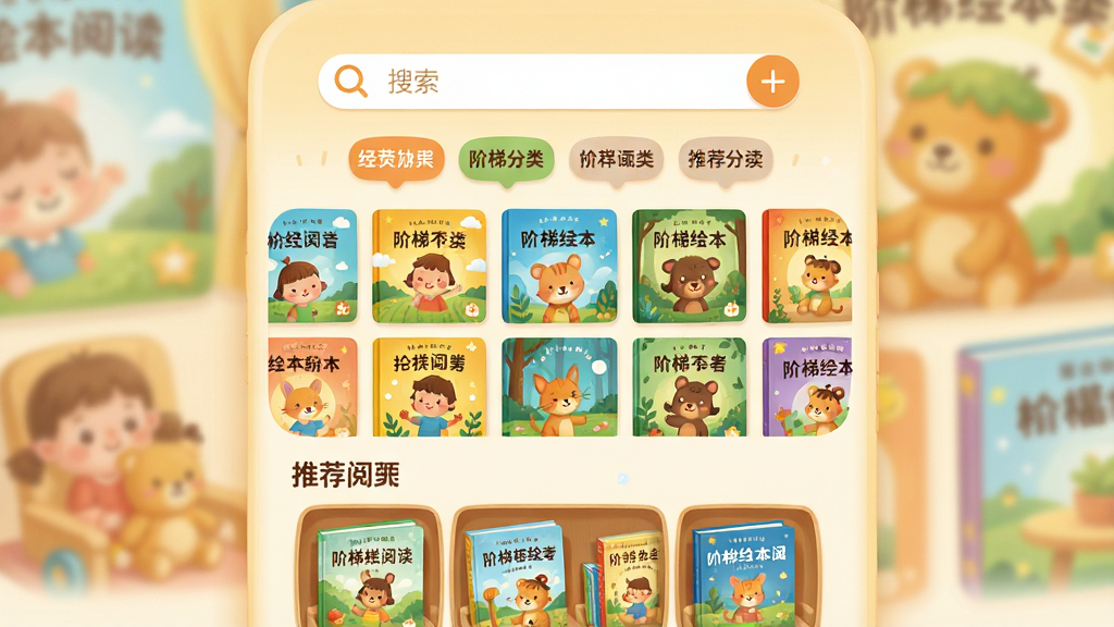 阶梯绘本阅读app主界面展示,画面中央是色彩斑斓的绘本封面墙,上方有搜索栏和分类标签,下方为推荐书架,整体采用暖色调,卡通风格,界面简洁明快,高清画质,干净无多余元素,突出“阶梯绘本阅读”logo