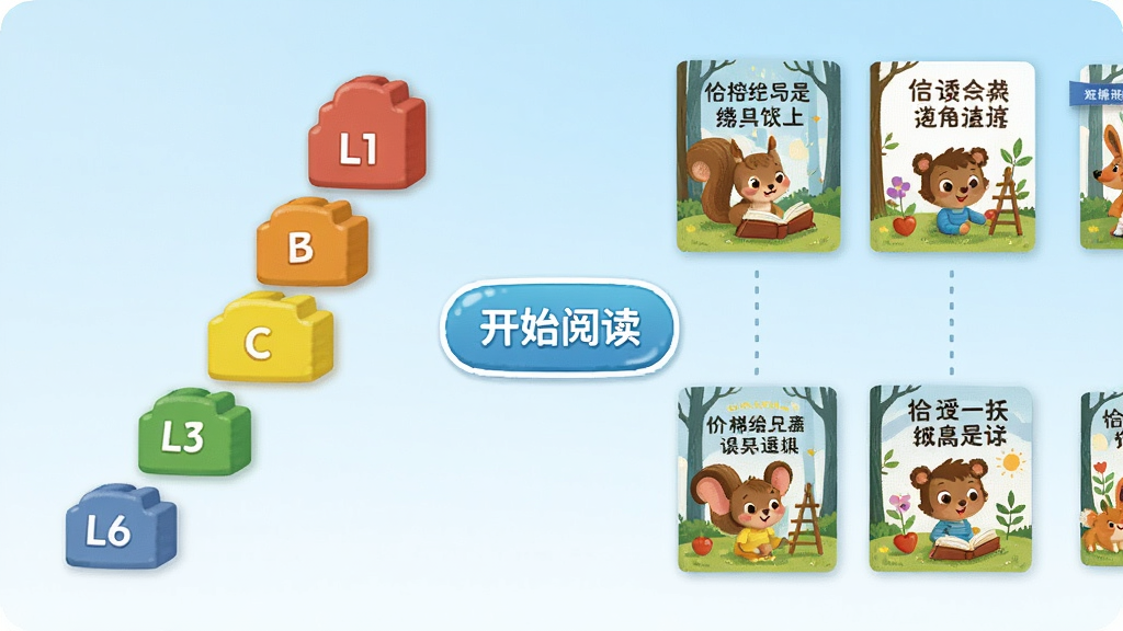 阶梯绘本阅读分级阅读界面,左侧显示L1至L6的阶梯图标,右侧展示不同级别的绘本封面,中间有“开始阅读”按钮,背景为淡蓝色渐变,卡通风格,布局清晰,画质细腻,干净整洁