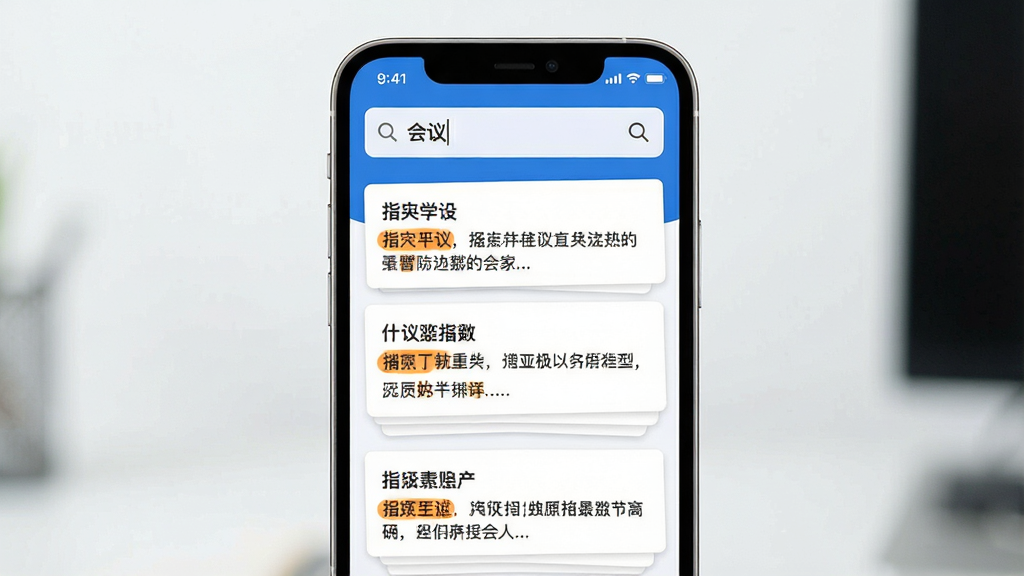 主体:一部手机屏幕显示指尖笔记的全局搜索界面,搜索框中有“会议”二字,下方列出相关笔记卡片。布局:手机居中,顶部是搜索栏,下方是列表结果。排版:结果卡片错落有致,每条有标题和摘要。风格:简洁商务风,蓝白配色。细节:搜索框有放大镜图标,结果中关键词用橙色高亮。画质:清晰锐利,干净无多余元素。