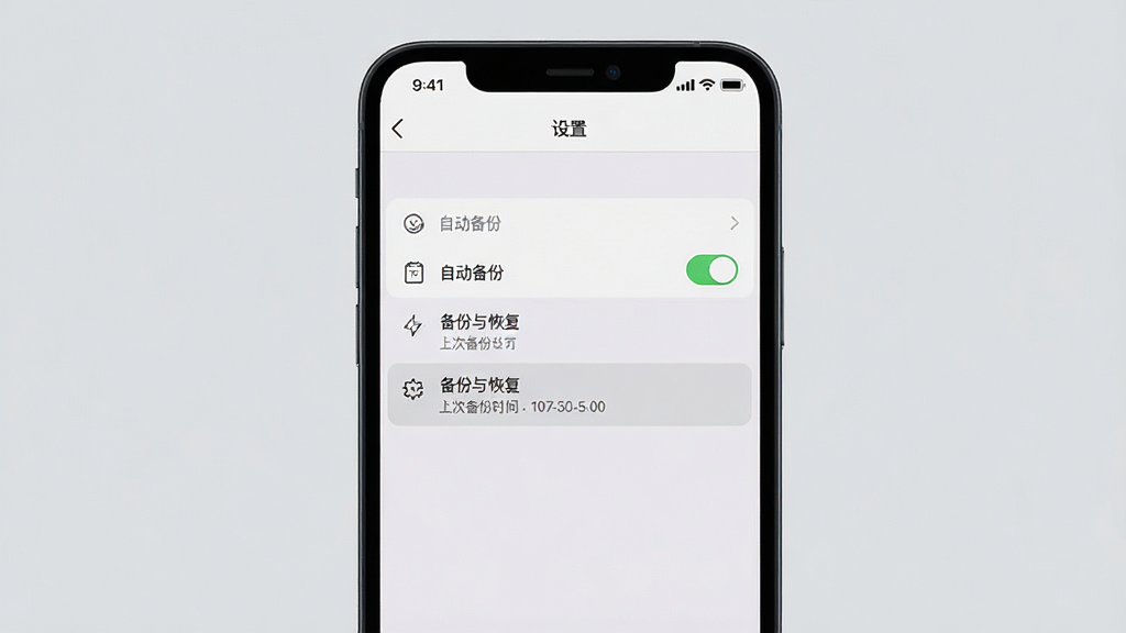 主体:一部手机显示指尖笔记的“设置”界面,其中“备份与恢复”选项被高亮。布局:手机居中,设置列表清晰可见。排版:列表项垂直排列,有图标和文字。风格:简洁商务风,浅灰色背景。细节:屏幕中显示“自动备份”开关已开启,下方有“上次备份时间”。画质:高清,干净无多余元素。
