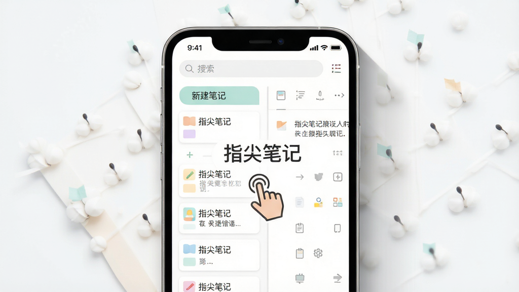 主体:一部智能手机屏幕显示指尖笔记的极简主界面,界面中央有“指尖笔记”四个字和一只手指点击的图标。布局:手机居中,界面以白色为主,左侧有笔记列表,右侧是编辑区域。排版:界面简洁,卡片式笔记排列整齐,顶部有搜索栏。风格:现代扁平化,色彩清新淡雅。细节:屏幕中显示“新建笔记”按钮和几行示例文字,手机周围有淡淡的阴影。画质:高清渲染,干净无多余元素。