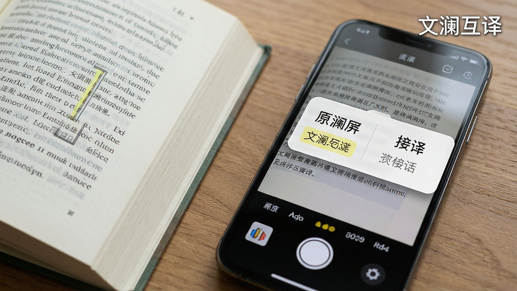 主体:一部手机摄像头对准一本摊开的外文书籍,屏幕上文字被高亮框选并显示中文翻译,屏幕上方有“文澜互译”水印。布局:手机斜放,占据画面右侧,书籍在左侧,背景为木质桌面。排版:屏幕上的翻译结果以卡片形式弹出,清晰易读,原文字与译文对照显示。风格:写实摄影风格,光线自然,景深效果明显。细节:书页上的文字清晰可辨,手机界面UI精致,翻译卡片有圆角阴影。画质:高清,色彩真实,干净无多余元素。
