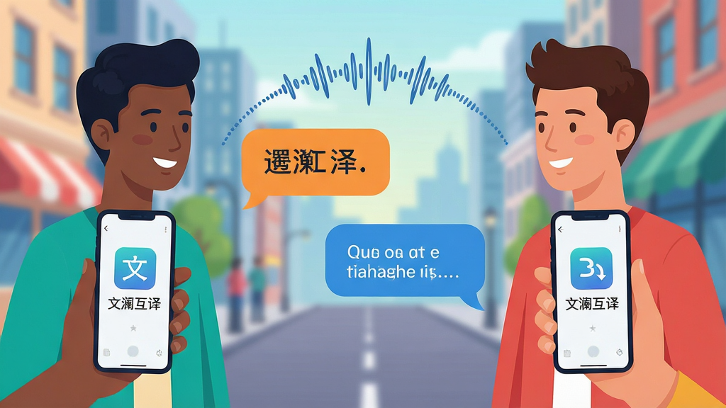 主体:两个不同肤色的人面对面站立,各自手持手机,手机上显示“文澜互译”图标,两人之间有一条带声音波纹的弧线连接。布局:两人分居画面左右,背景为模糊的城市街景。排版:画面中央有对话气泡,气泡内分别有中文和英文文本。风格:现代插画风格,色彩明快,人物表情友好。细节:手机屏幕上的翻译界面清晰可见,声音波纹有动态感。画质:高清矢量图,线条流畅,干净无多余元素。