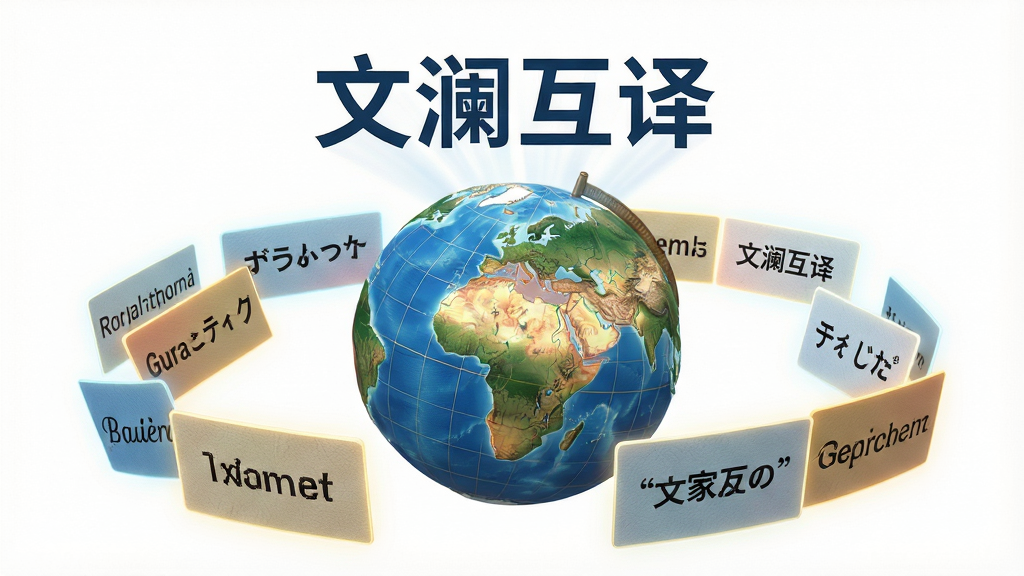 主体:一个地球仪旁边散落着多张写着不同语言文字(如英文、日文、法文)的卡片,卡片上方浮现“文澜互译”四个字。布局:地球仪居中,卡片环绕周围,形成半弧形,背景为白色。排版:卡片大小不一,错落有致,文字清晰可辨,地球仪上经纬线细节丰富。风格:3D渲染风格,色彩鲜艳,光效柔和。细节:每张卡片边缘有微弱的发光效果,暗示翻译的精准与智能。画质:8K超清,质感细腻,干净无多余元素。